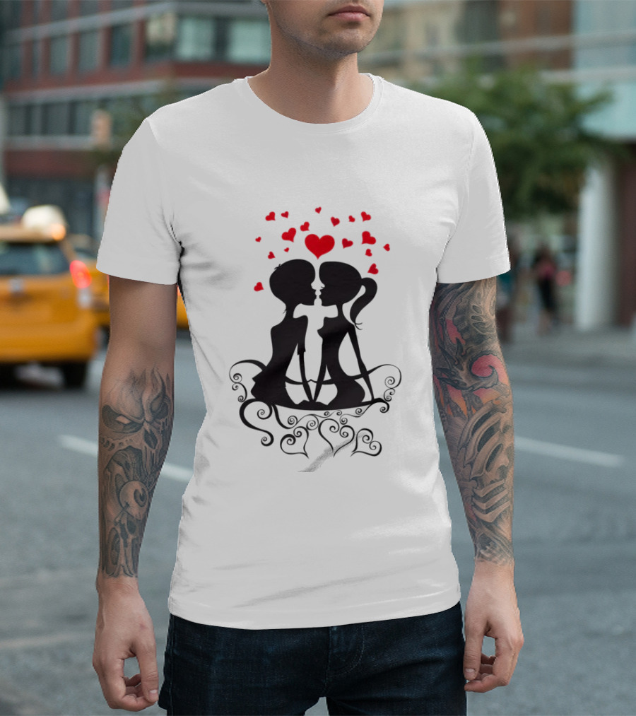 Lesbian Couple Kissing Romantic Silhouettes with Heart and Hearts T-Shirt