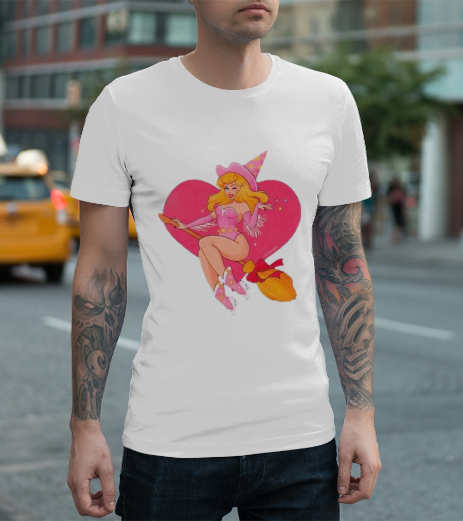This Barbie Is A Witch Riding A Broomstick With Pink Heart Background T-Shirt