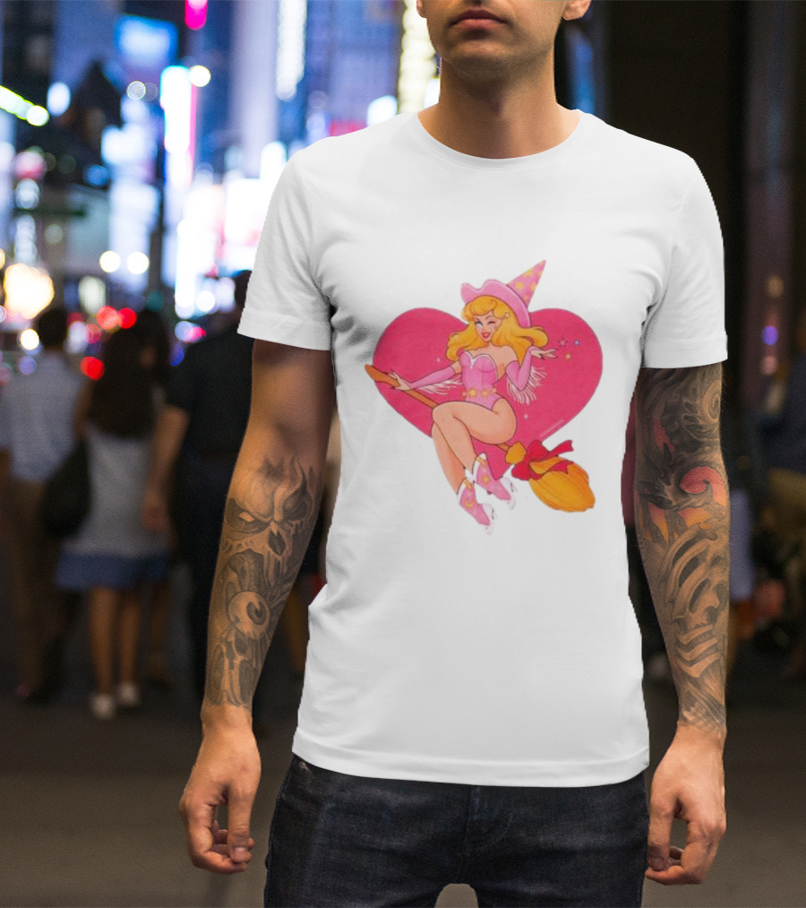 This Barbie Is A Witch Riding A Broomstick With Pink Heart Background T-Shirt