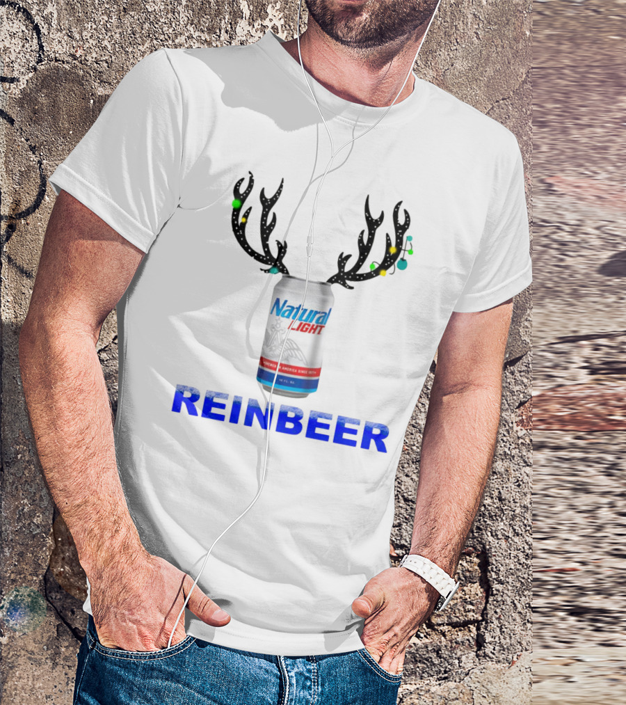 Natural Light Reinbeer Christmas Can With Antlers Festive T-Shirt