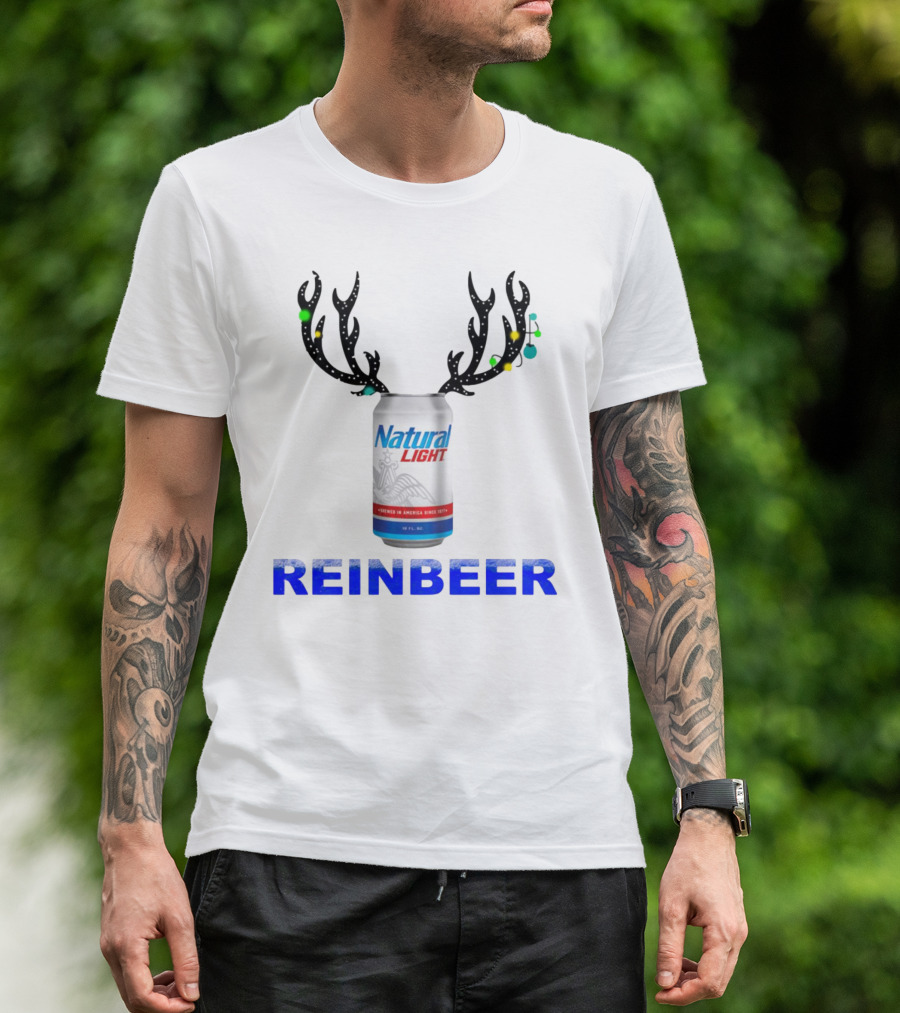 Natural Light Reinbeer Christmas Can With Antlers Festive T-Shirt
