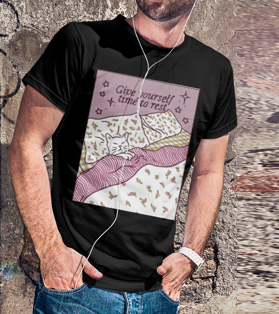 Give Yourself Time To Rest Cat Sleeping In Floral Bedding T-Shirt