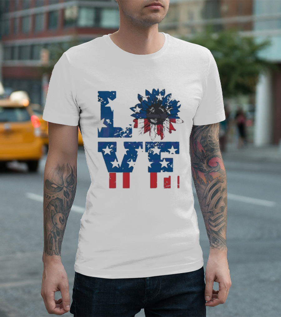 USA Love Sunflower 4th of July American Flag T-Shirt