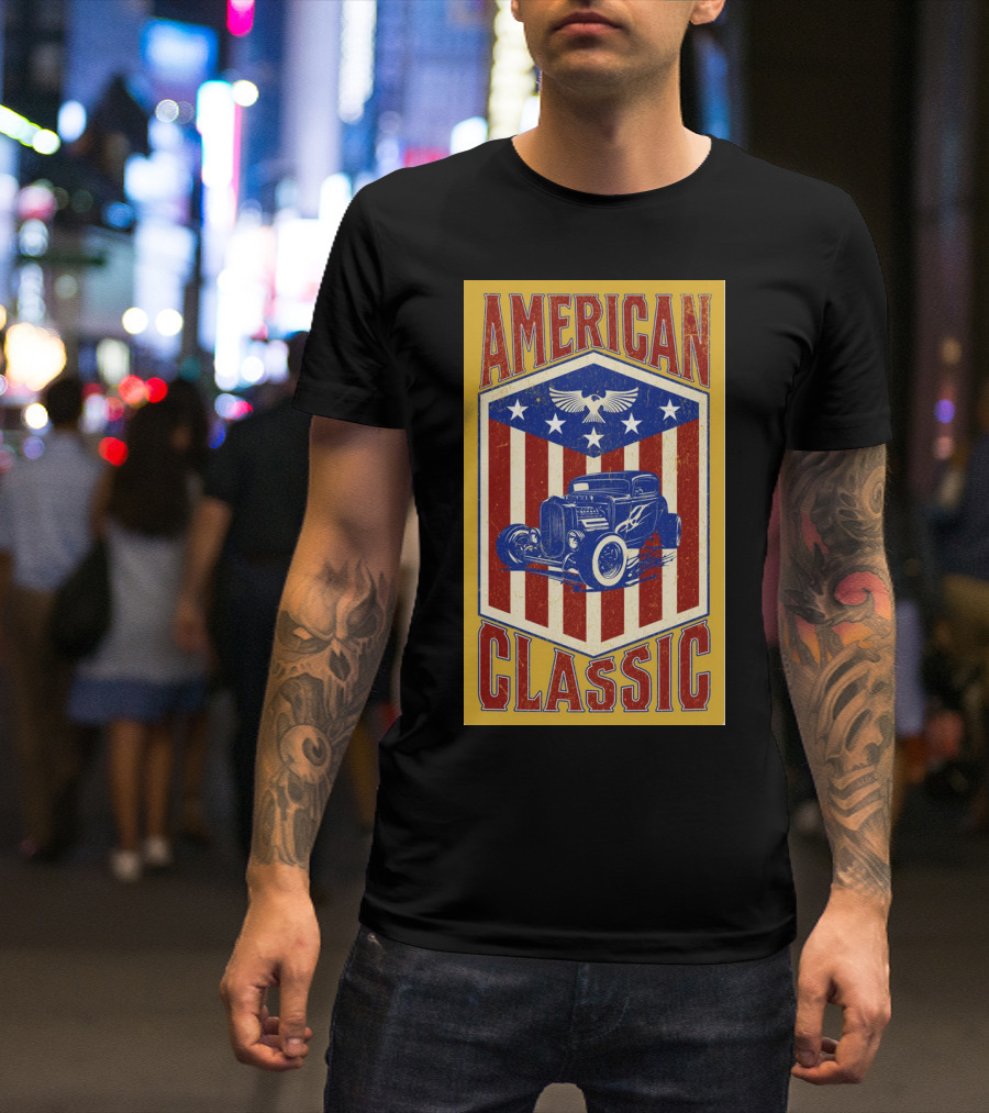 AMERICAN CLASSIC Hot Rod Eagle Stripes Stars Vintage Retro T-Shirt