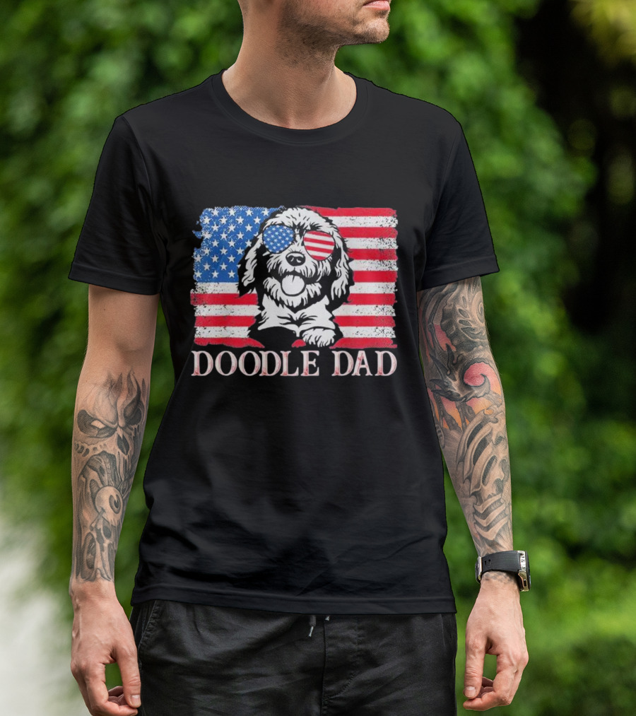 Goldendoodle Doodle Dad American Flag Sunglasses T-Shirt