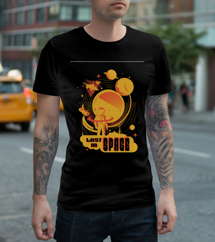 Lost in Space Astronaut with Planets and Rockets Retro T-Shirt