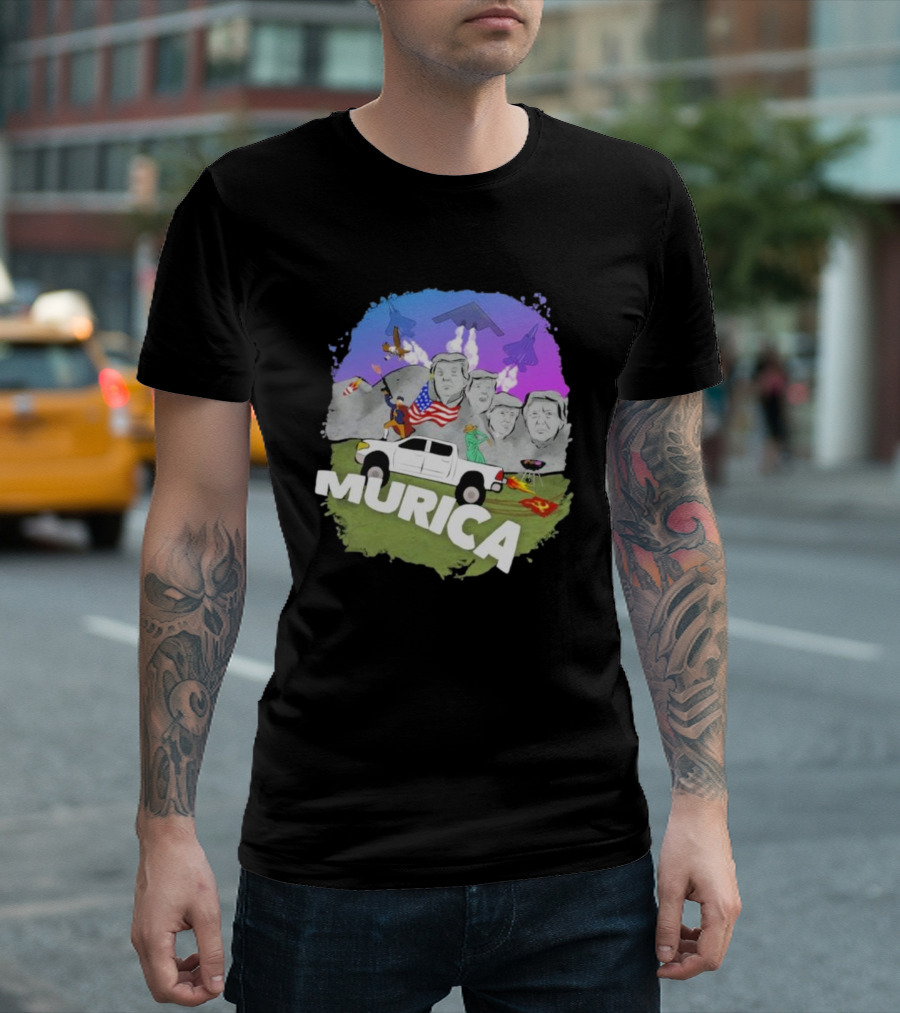 Murica Mount Rushmore Bald Eagle Statue of Liberty Pickup Truck Bombers Jets T-Shirt