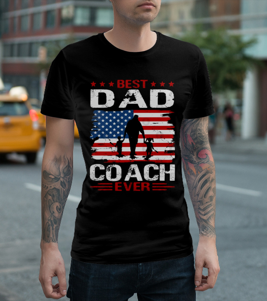 Best Dad Coach Ever USA Flag Baseball Dad Father's Day T-Shirt