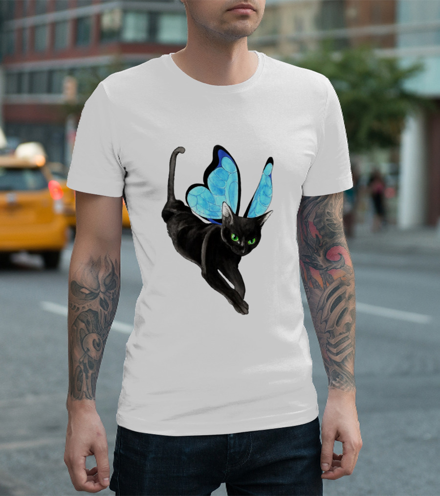 Black Cat With Blue Butterfly Wings T-Shirt