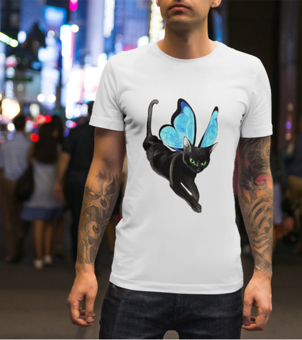 Black Cat With Blue Butterfly Wings T-Shirt