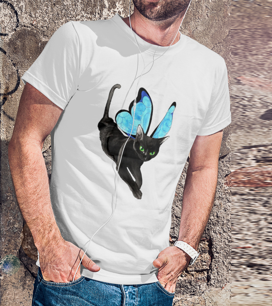 Black Cat With Blue Butterfly Wings T-Shirt
