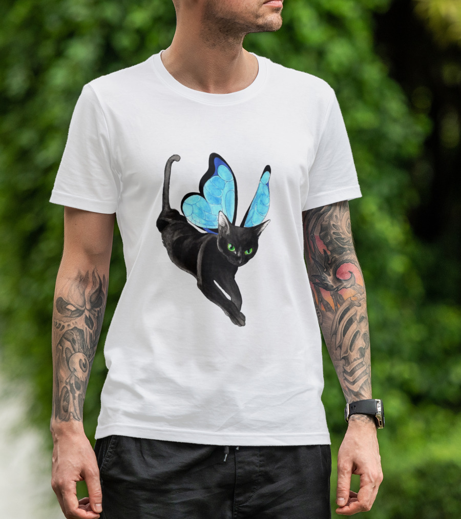 Black Cat With Blue Butterfly Wings T-Shirt