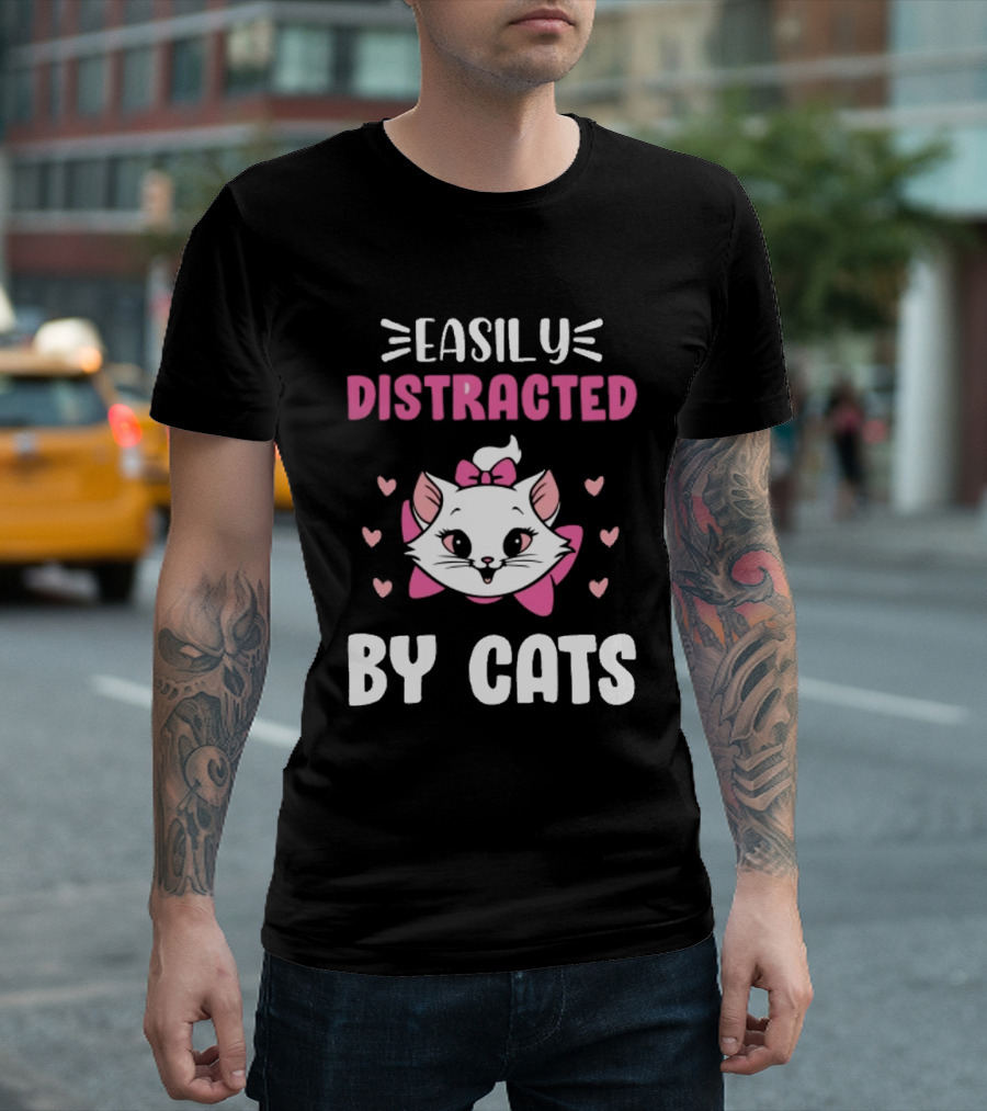 Easily Distracted By Cats Cute Kitten with Pink Bow and Hearts T-Shirt