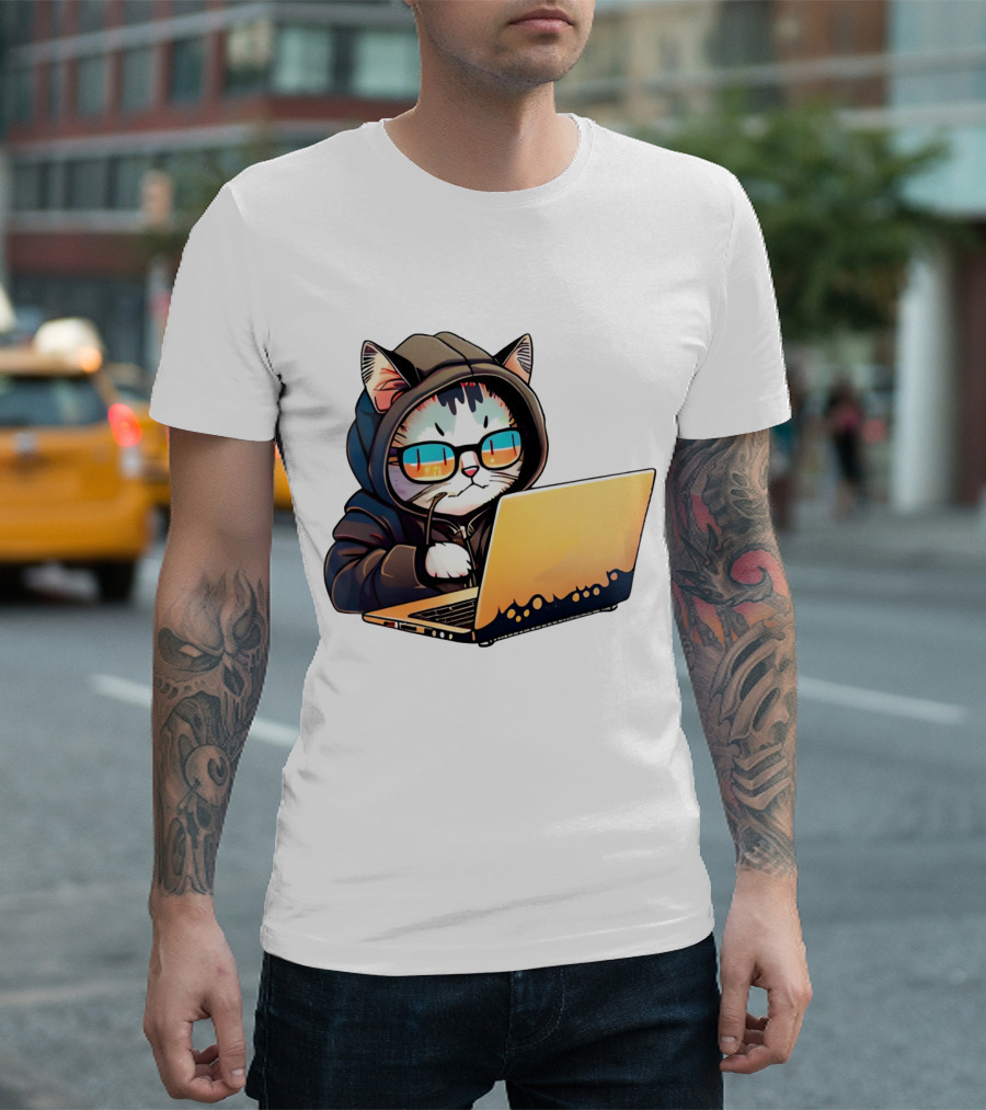 Hacker Cat in Hoodie with Laptop and Glasses T-Shirt