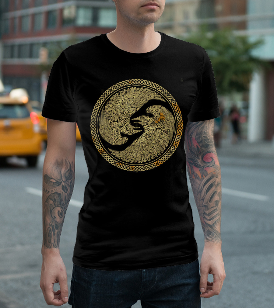 Hugin and Munin Celtic Knotwork Ravens in Intricate Circular T-Shirt
