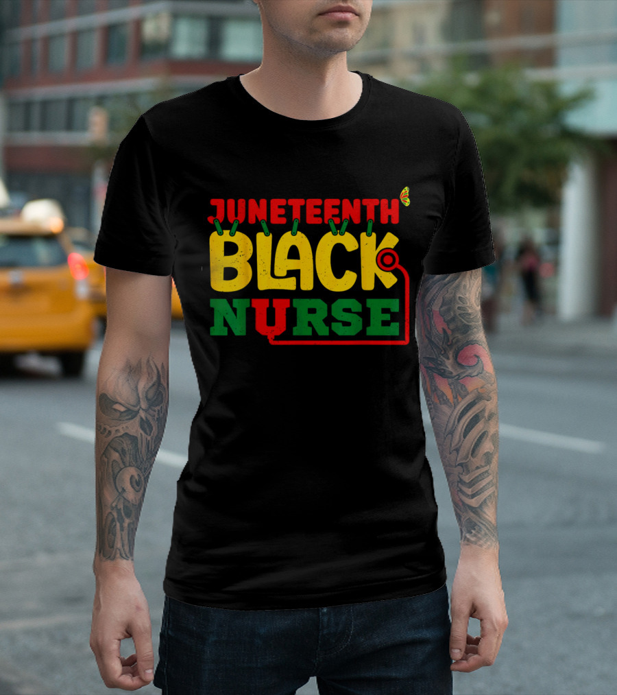 Juneteenth Black Nurse Red Yellow Green Butterfly Stethoscope T-Shirt