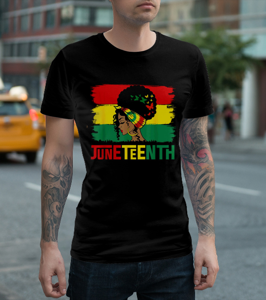 Juneteenth Remembering My Ancestors Celebrate Black Freedom Afro Woman Rasta Colors Flags T-Shirt