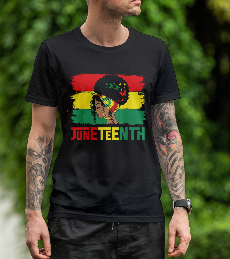 Juneteenth Remembering My Ancestors Celebrate Black Freedom Afro Woman Rasta Colors Flags T-Shirt