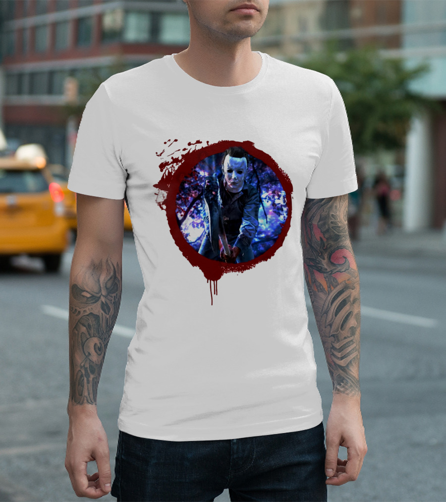Myers Attack Blood Splatter Horror Mask Iconic Blue Woods Scene T-Shirt