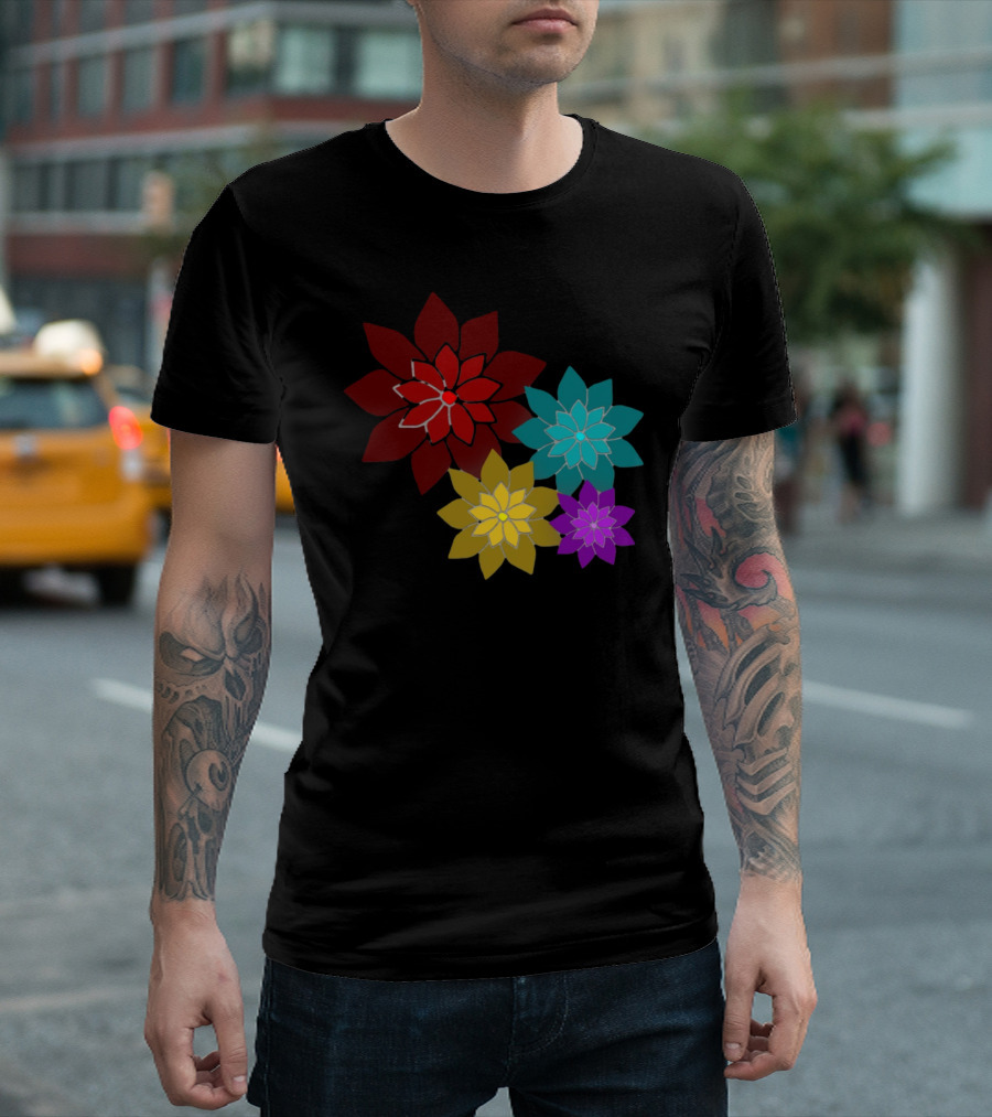 Pattern of Flowers in Red, Blue, Yellow, Purple T-Shirt