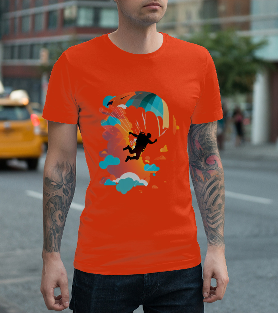 Skydiver Silhouette with Colorful Parachute and Clouds T-Shirt