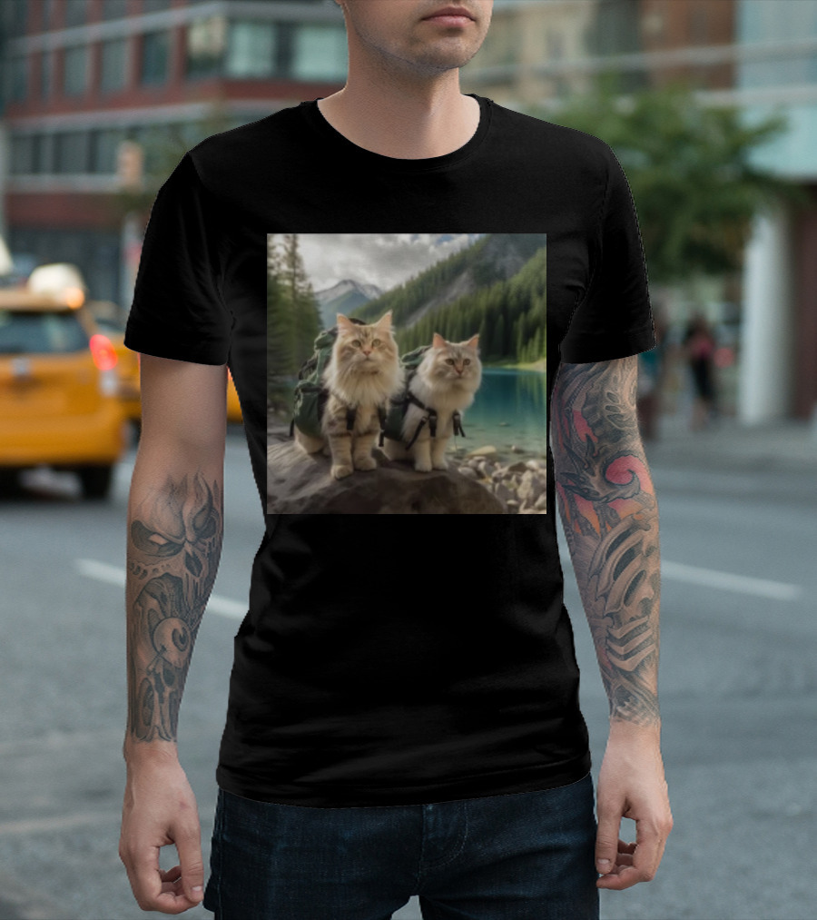 Two American Longhair Cats Are Mountaineering with Backpacks in Scenic Mountain Forest Near Lake T-Shirt