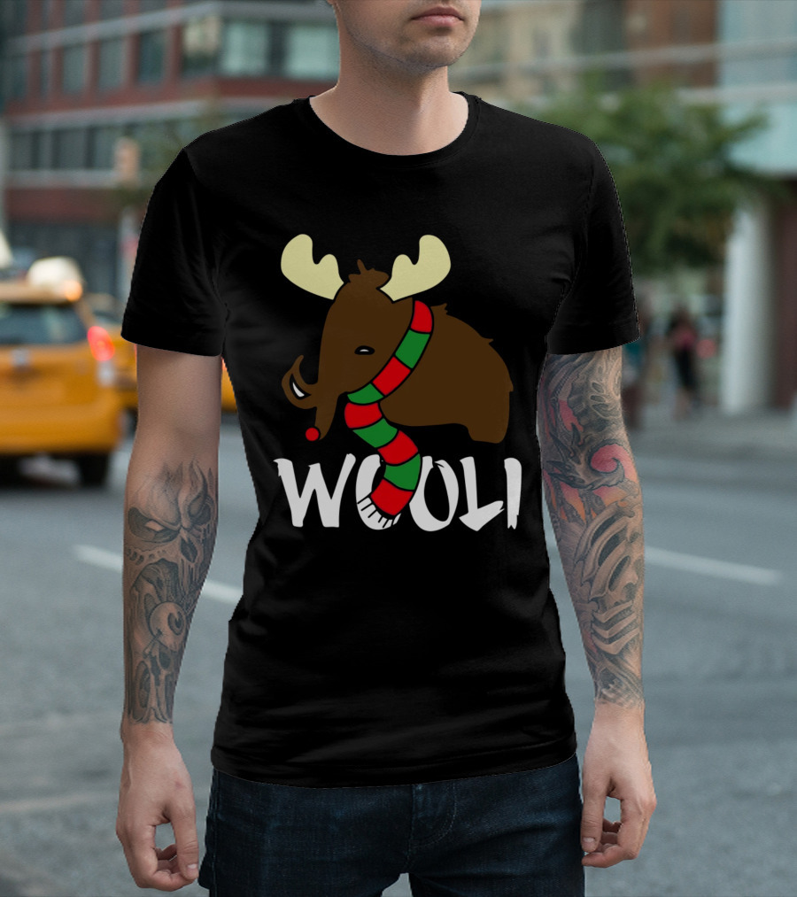 Wooli Mammoth Wearing Red and Green Scarf with Antlers T-Shirt