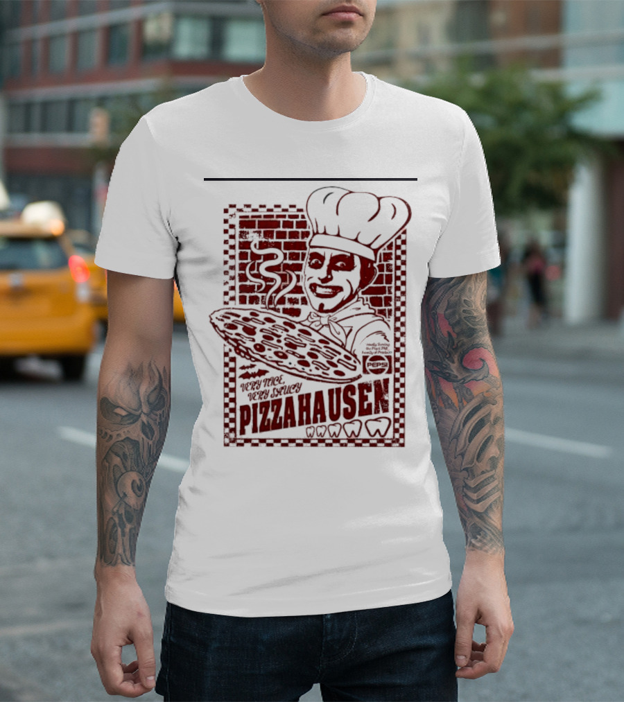 Very Nice Very Saucy Pizza Hausen Chef with Steaming Pie and Brick Background T-Shirt
