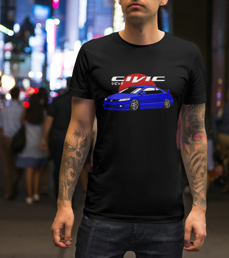 Civic SI JDM Cars シビック Honda Blue Red Sun Background T-Shirt