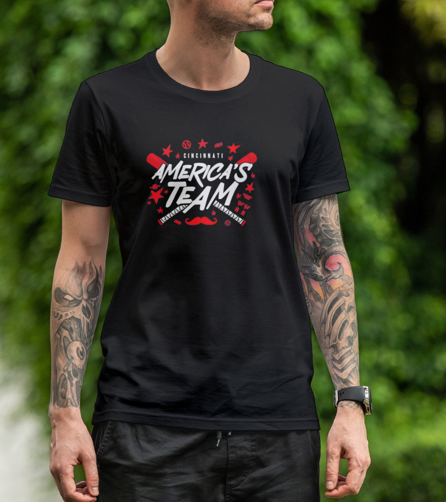 Cincinnati America's Team Baseball Stars Mustache Crossed Bats T-Shirt