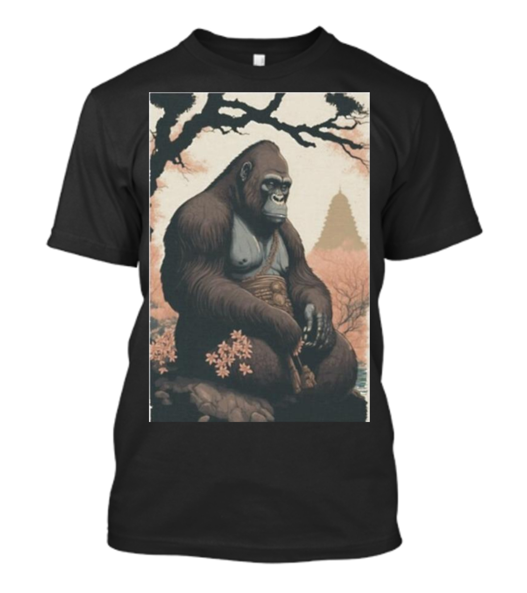 Meditating Gorilla In Tranquil Zen Garden With Pagoda Background T-Shirt