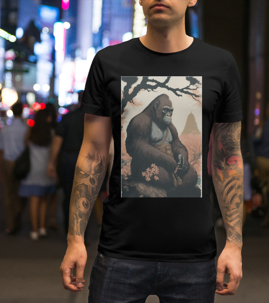 Meditating Gorilla In Tranquil Zen Garden With Pagoda Background T-Shirt