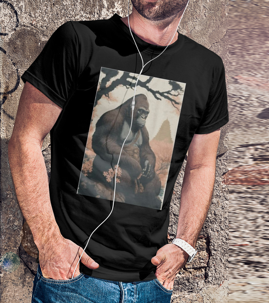 Meditating Gorilla In Tranquil Zen Garden With Pagoda Background T-Shirt