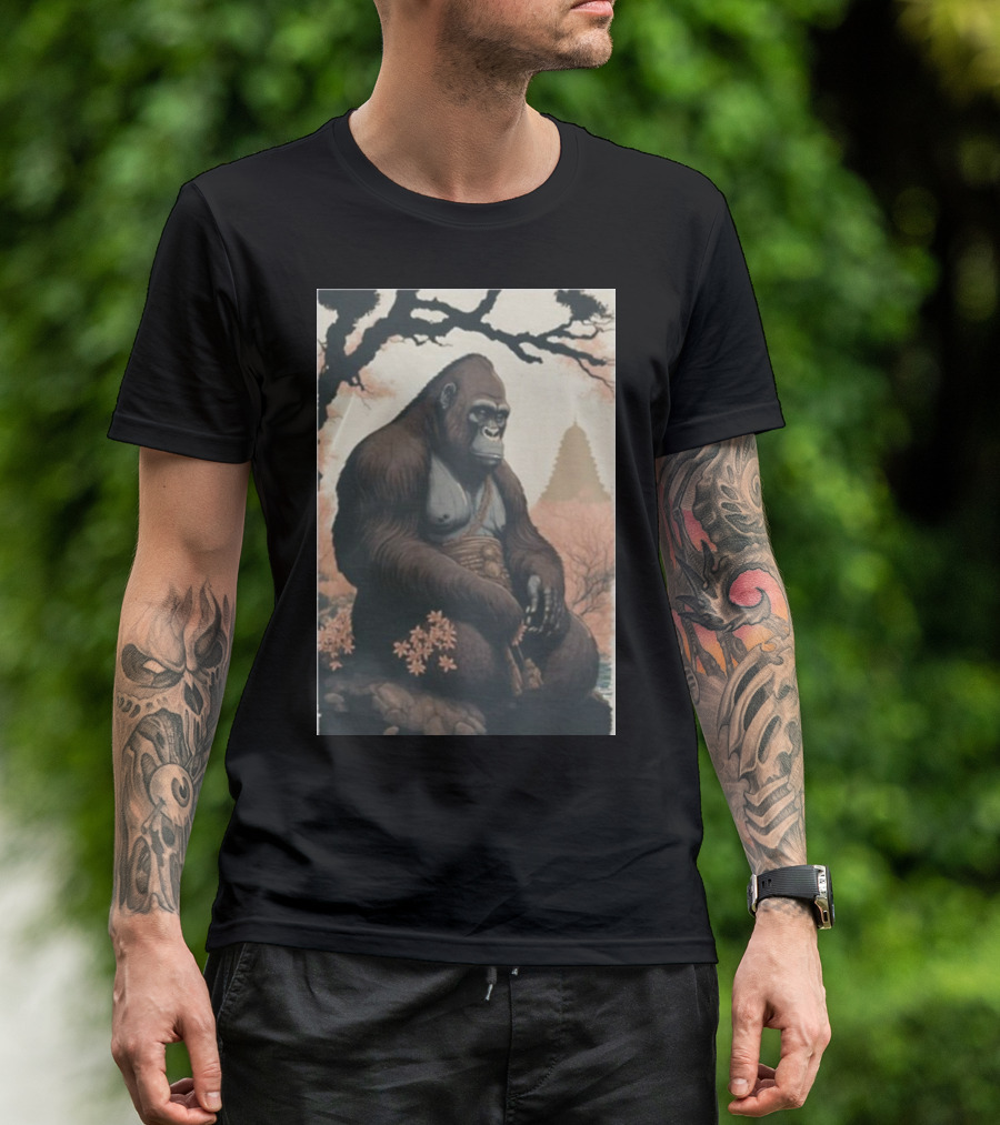 Meditating Gorilla In Tranquil Zen Garden With Pagoda Background T-Shirt