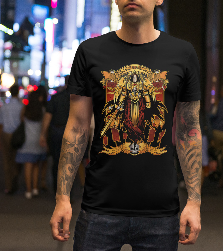 Emperor Of Mankind Golden Armor Angelic Warrior With Sword And Skull T-Shirt