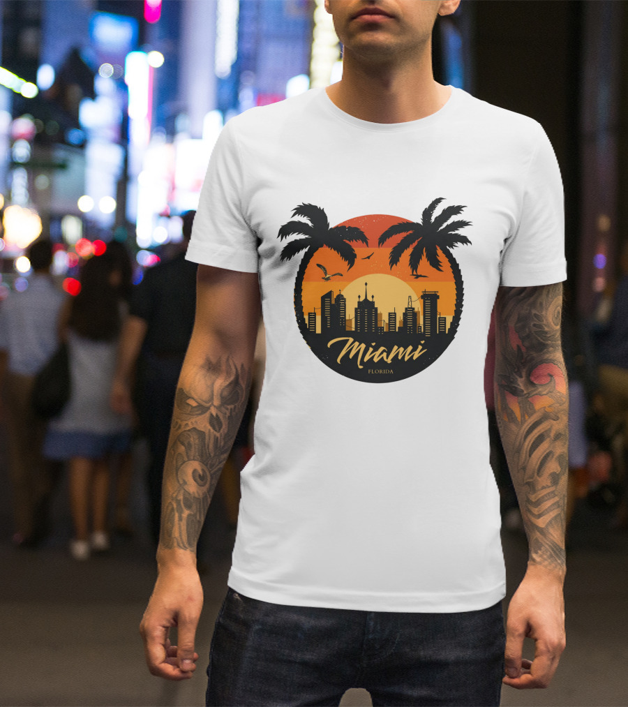 Miami Florida Sunset Skyline Palm Trees T-Shirt