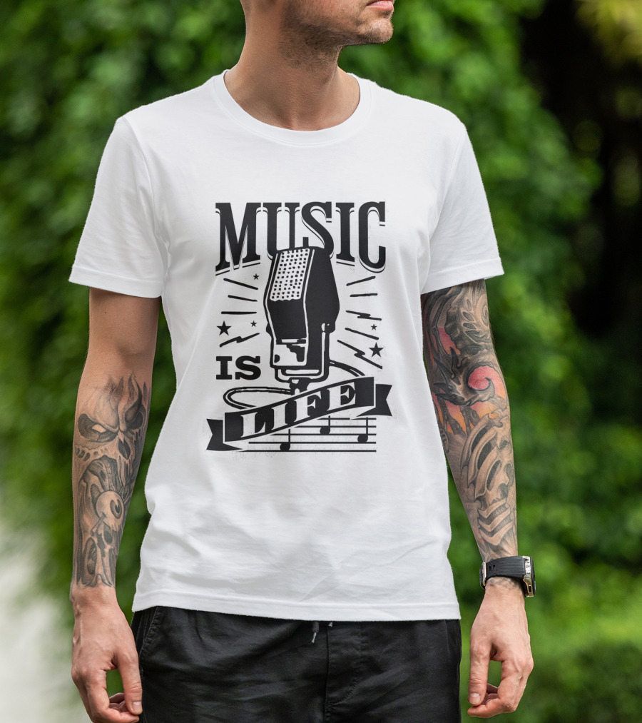 Music Is Life Retro Microphone Notes Stars T-Shirt