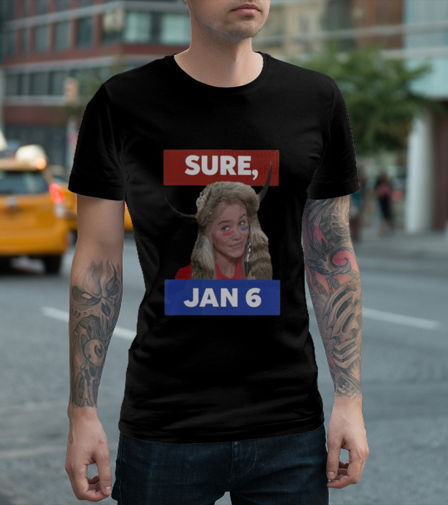 Jim Stewartson Anti-Disinfo Activist Sure Jan 6 Horned Headdress Red Blue Face Paint T-Shirt