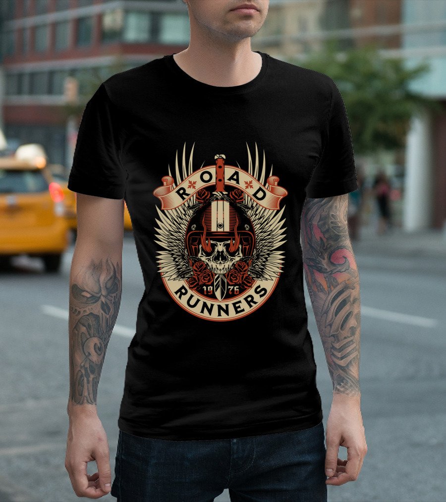 Road Runners Skull 1976 Motorcycle Badge with Wings and Roses T-Shirt