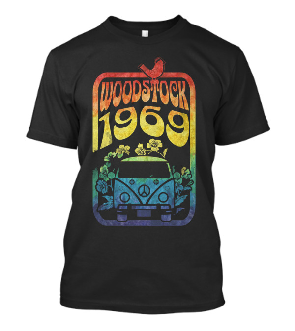 Woodstock 1969 Colorful Campervan Peace Flowers Bird T-Shirt