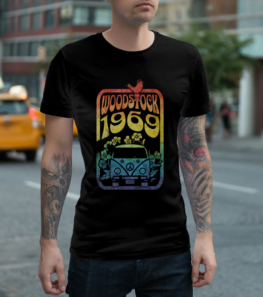 Woodstock 1969 Colorful Campervan Peace Flowers Bird T-Shirt