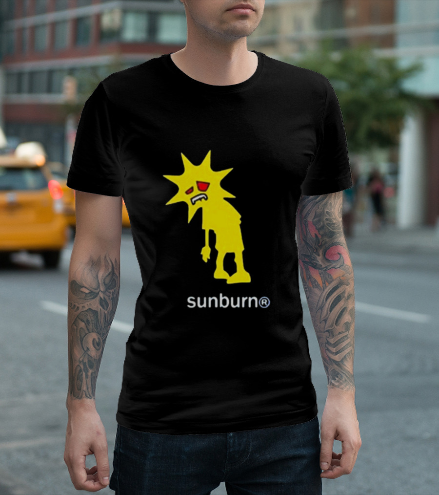 Sunburn Tired Cartoon Sun with Red Eyes and Trademark T-Shirt