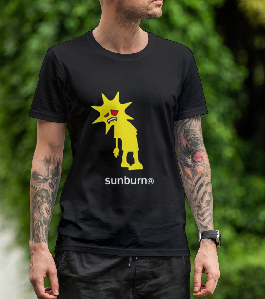 Sunburn Tired Cartoon Sun With Red Eyes And Trademark T-Shirt