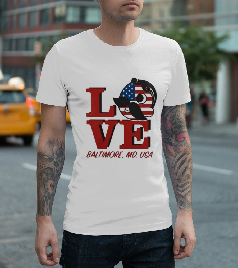 Love Baltimore MD USA National Bohemian American Flag Mustache T-Shirt