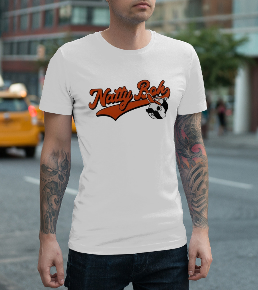 Natty Boh National Bohemian Mustache Character with Baseball Hat T-Shirt