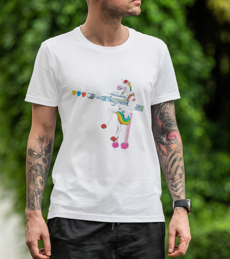 Punl-rock Rainbow Unicorn Armed With Colorful Hearts T-Shirt