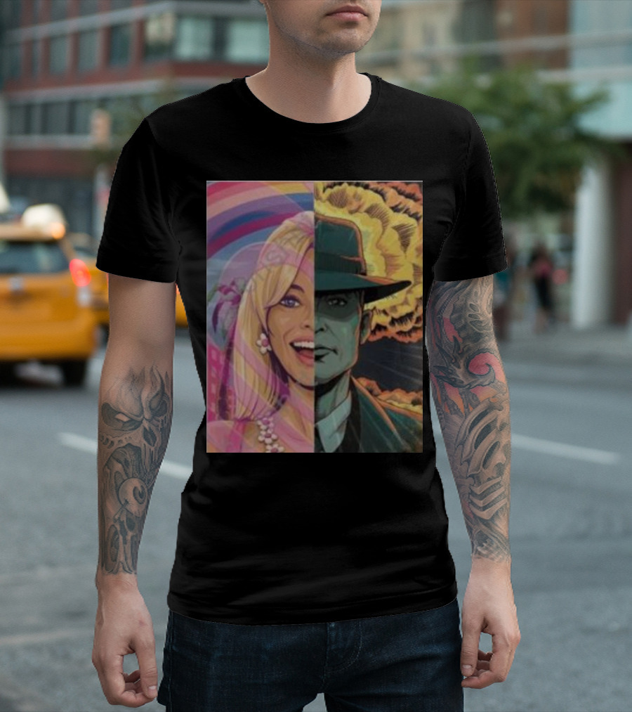 Discussingfilm Barbie Vs Oppenheimer Jonattfieldart Rainbow Explosion Duality T-Shirt
