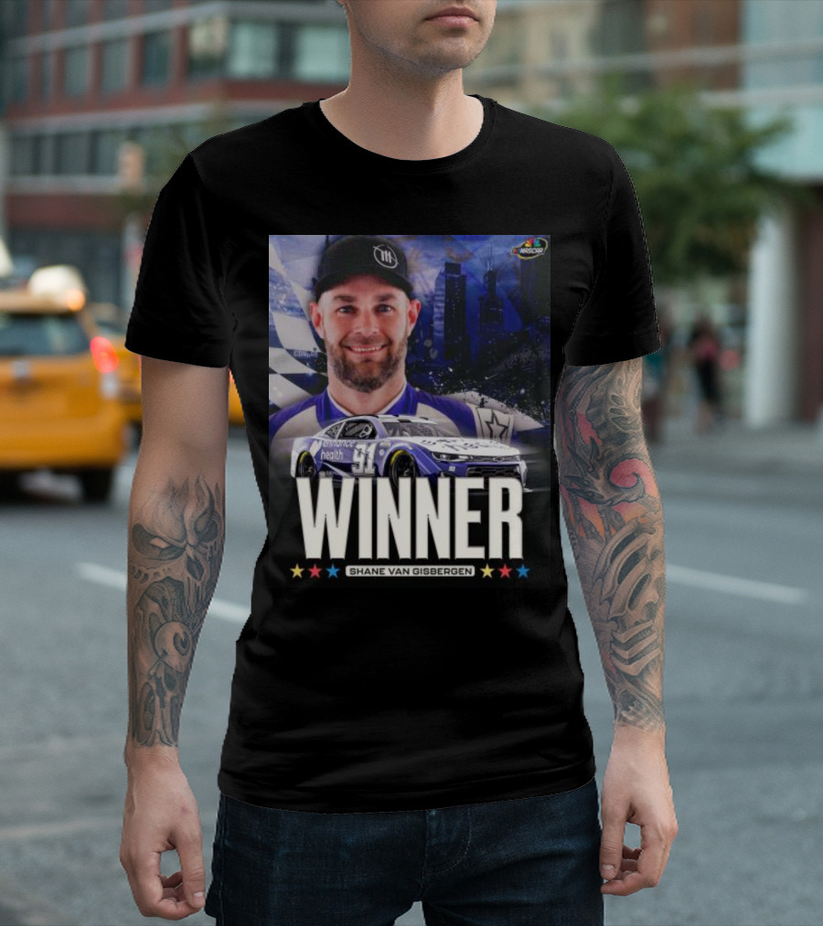 NASCAR Winner Shane Van Gisbergen with Race Car and Cityscape Background T-Shirt