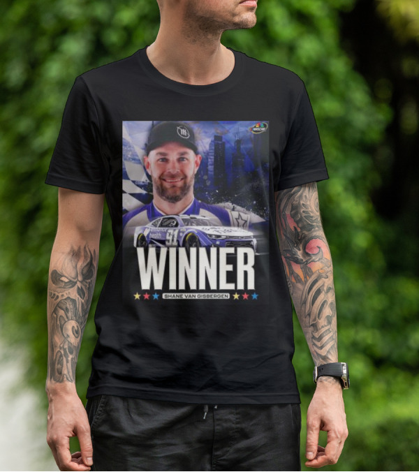 NASCAR Winner Shane Van Gisbergen With Race Car And Cityscape Background T-Shirt