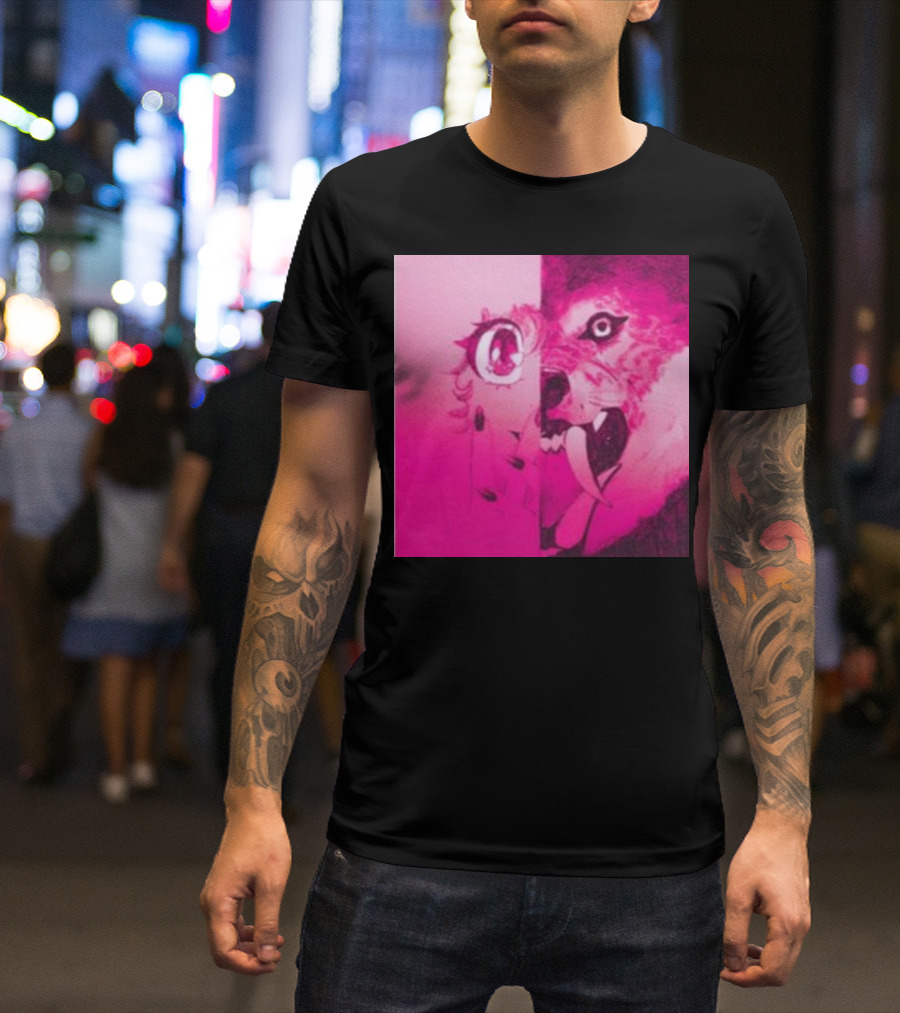 Dead On The Scene Wolf And Anime Girl Pink Contrast T-Shirt